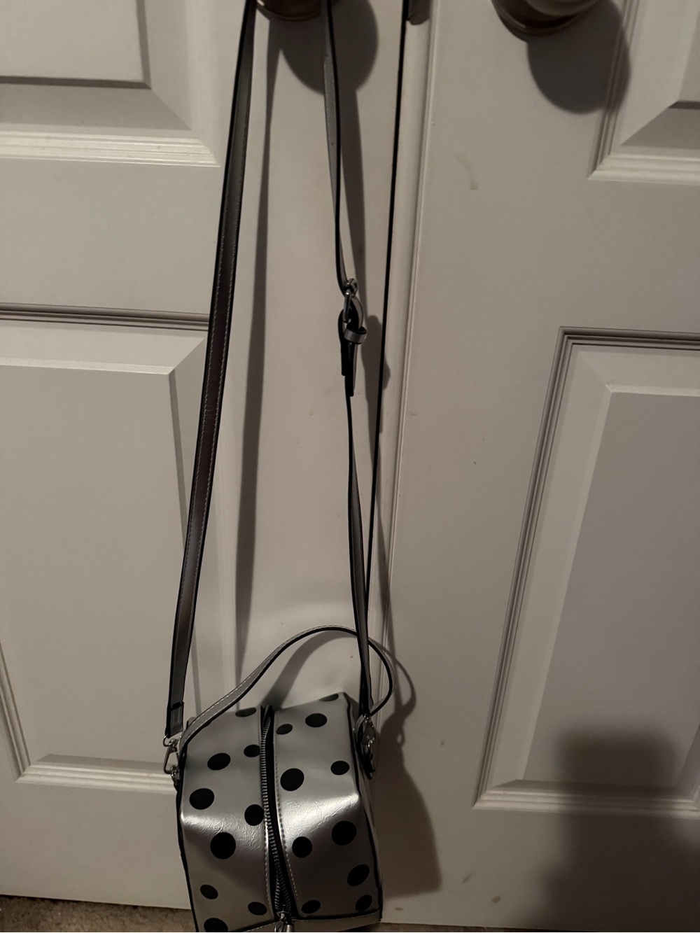 Silver Polka Dot Box Bag Retro Mod Top Handle Crossbody Satchel - Picture 12 of 13